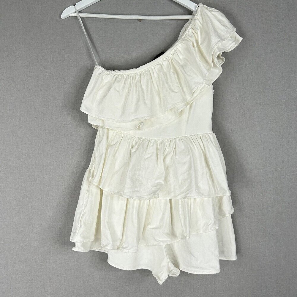 Do + Be Womens Romper Medium White One Shoulder Ruffle Dress Resortwear Bridal